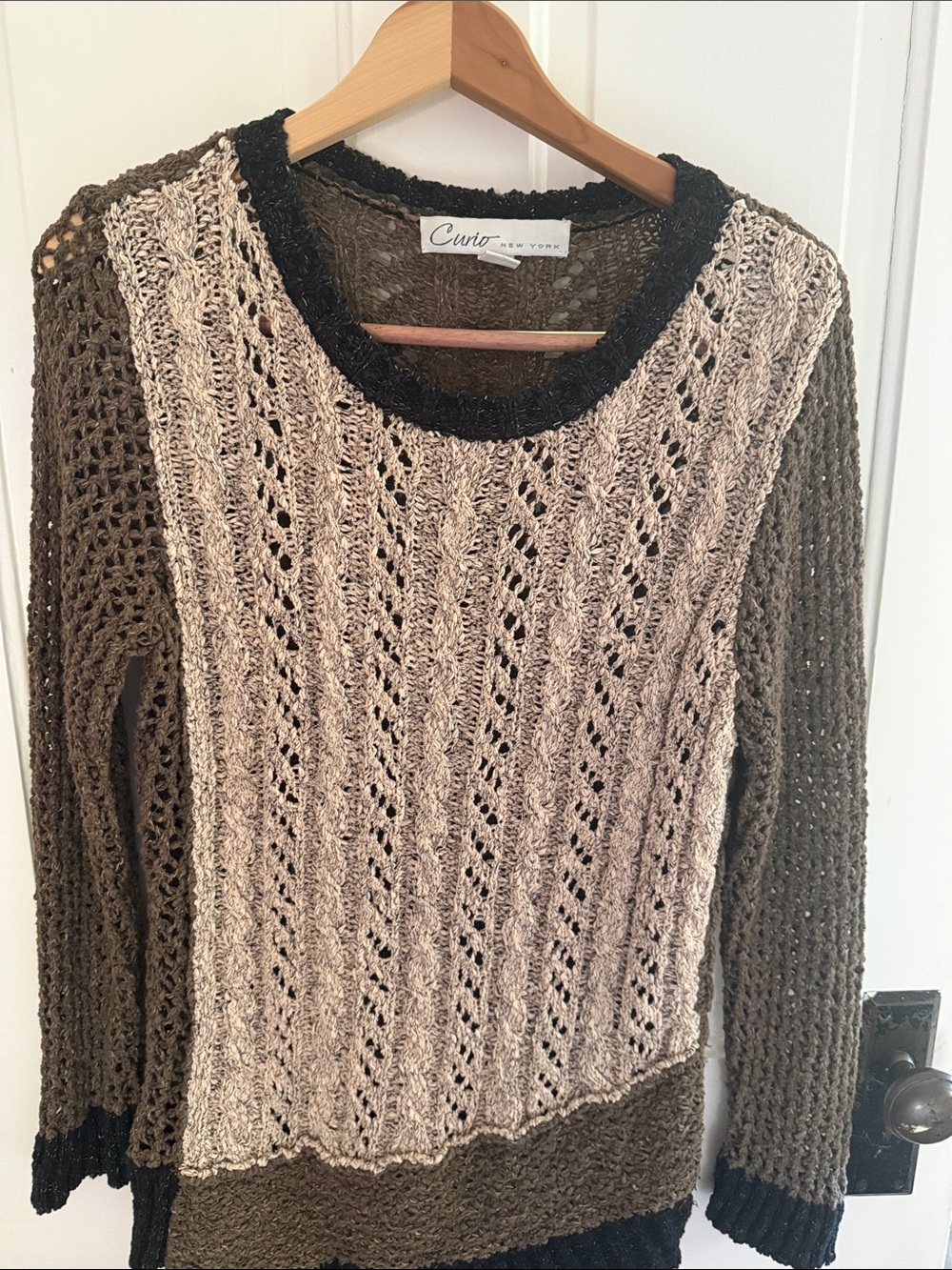 Open-Knit Colorblock Crewneck Sweater - Beige, Olive & Black